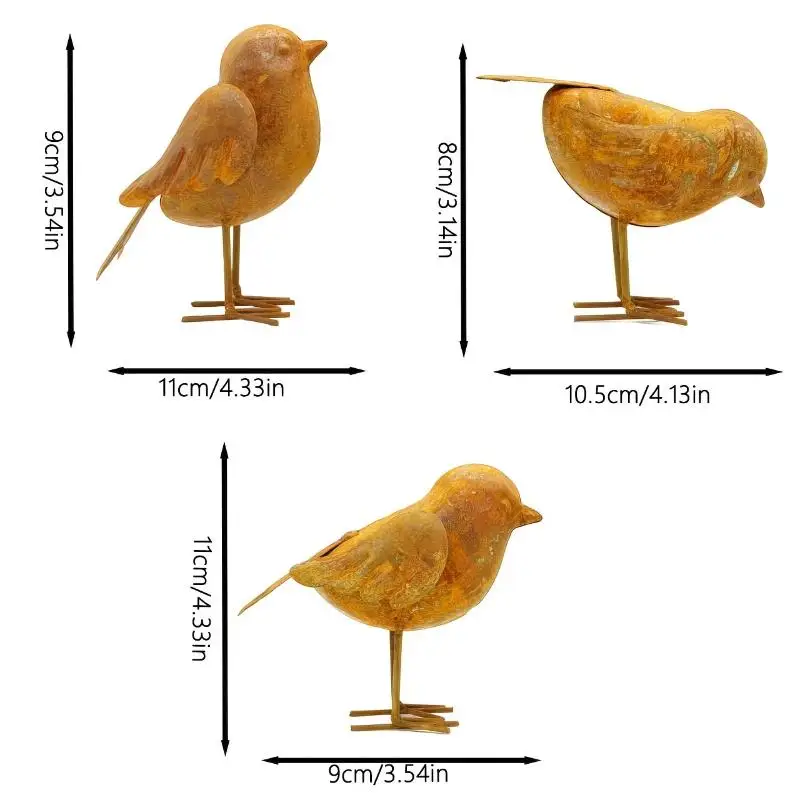 Vintage 3D Rusty Metal Bird Figurine 3 Pcs Set Farmhouse Decor Ornament for Home Tabletop Mantel Display Gift