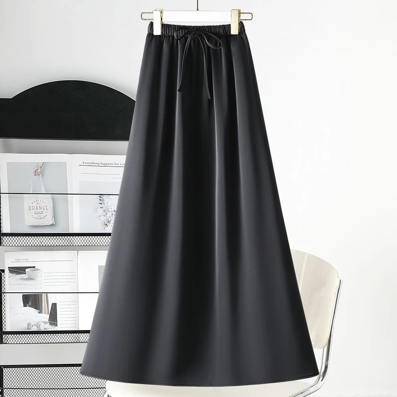 Spring Autumn Women Long Skirts Elastic High Waist Minimalist Elegant Drawstring Bow Solid A-Line Basics Dress Female Skirts