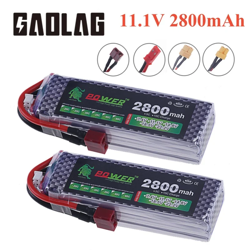 2pcs 11.1V 2800mAh LiPo Battery 3s 40C For RC Car FPV Drones Boats Helicopters Vehicles with XT30 XT60 Deans T JST Connector