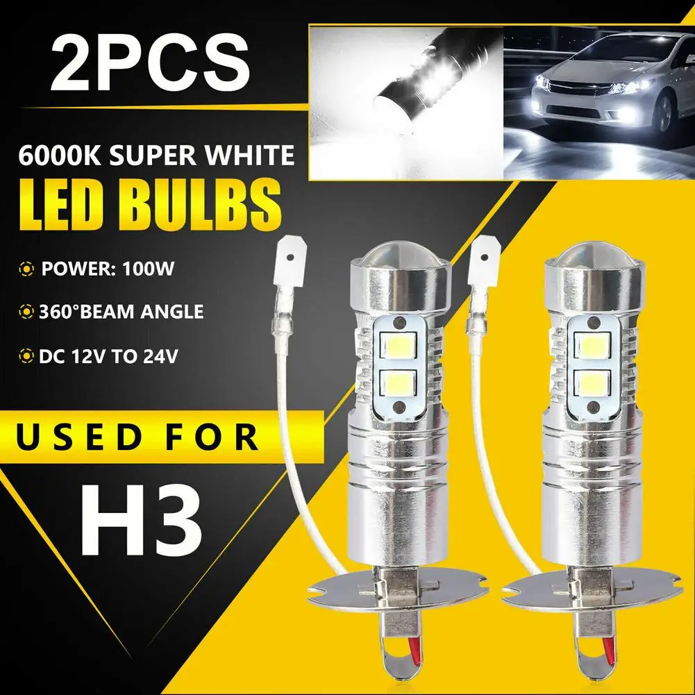 

2 Pcs Car H3 LED Fog Light Bulbs Conversion Kit Dc 12V-24V 100W 360 Degrees Super Bright Canbus 6000K White