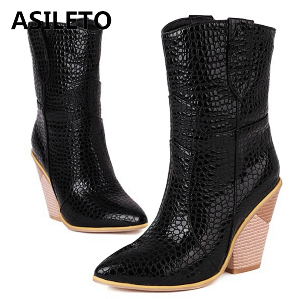 ASILETO 2023 Denim Winter Warm Fur Western Ankle Boots for Women Wedge Heel Pointed Toe Slip On Big Size US17 S2449