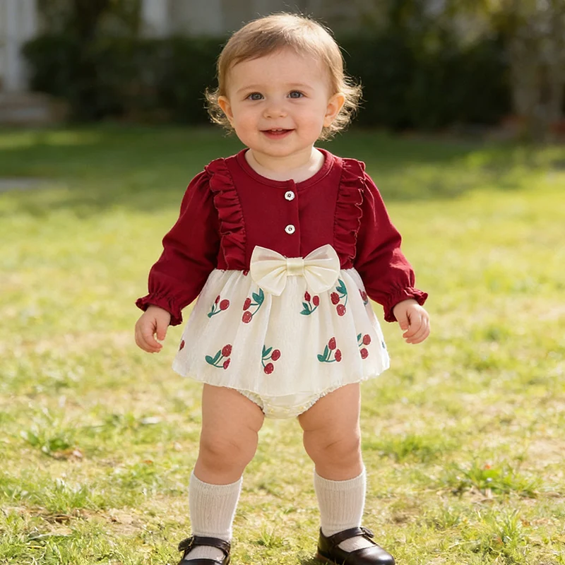 

2026 New Spring Infant Baby Girls Jumpsuit Long Sleeved Cotton Splicing Newborn Baby Girls Bodysuits 0-24M Children Clothes