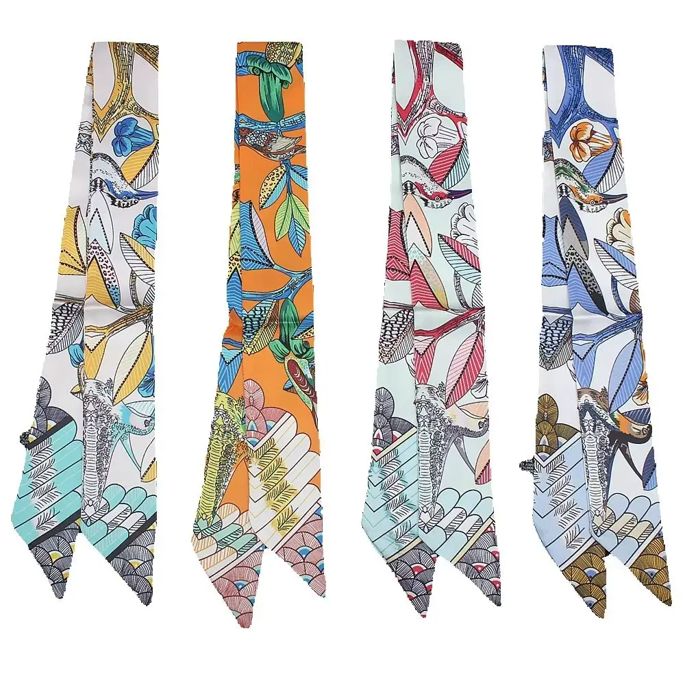 

4PC New Korean Version Ins Flower Bird Leaf Women's Small Silk Scarf Tied Bag Handle Ribbon Headband Shawl Scarf Women Luxury
