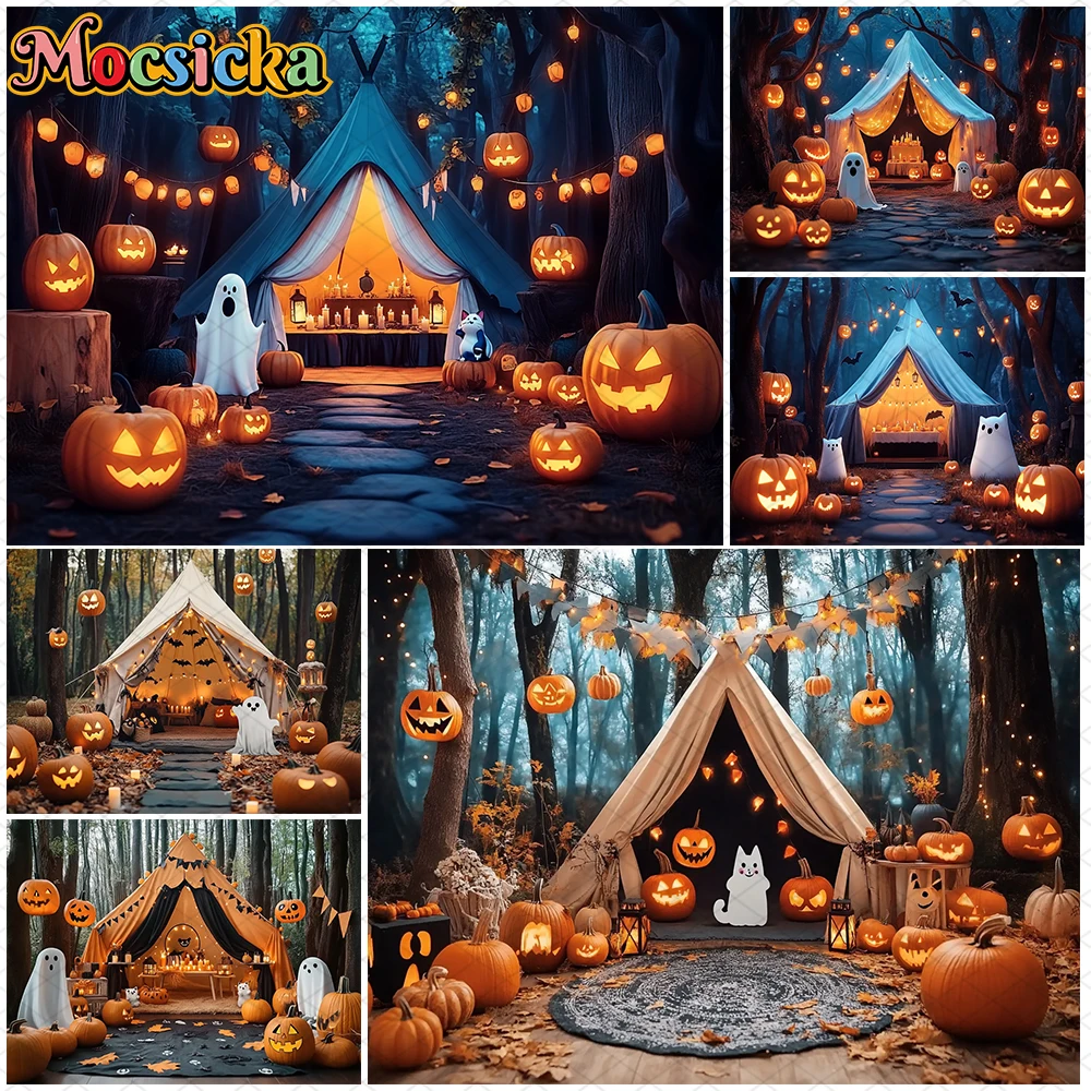 

Mocsicka Halloween Photography Background Forest Tent Pumpkin Party Baby Child Photo Backdrop Night Imp Ghost Decorations Banner