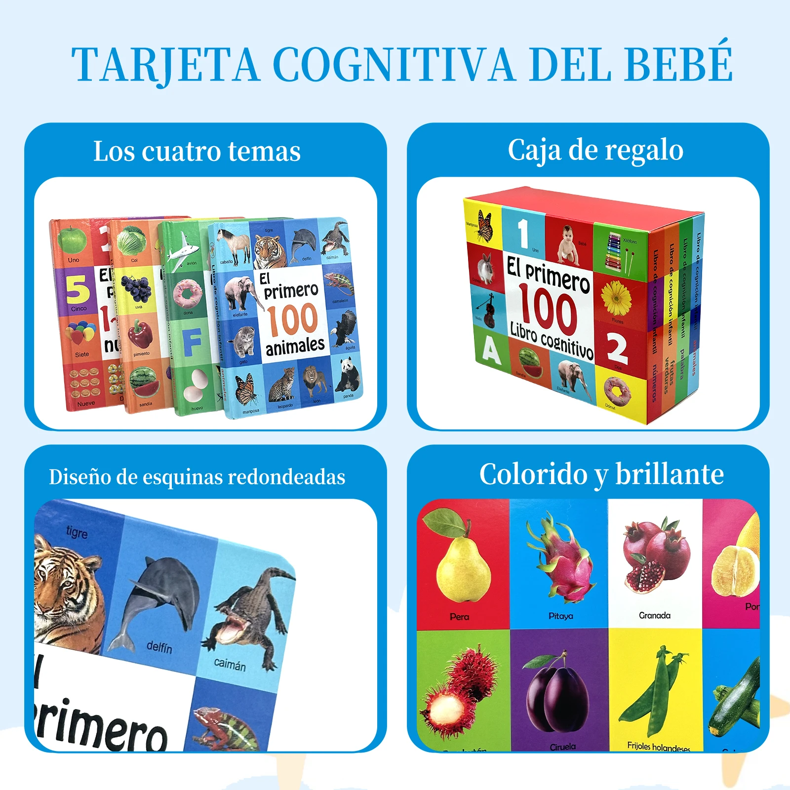 Spanish Baby Cognitive Board Books Set First 100 Words Numbers Animals Fruits Vegetables For Toddlers Preschool Early Education