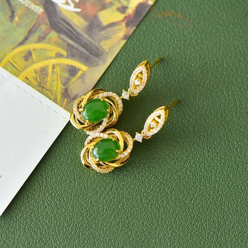 

Изысканные медные инкрустированные Hetian Jade Jasper Filigree модные темпераментные женские серьги