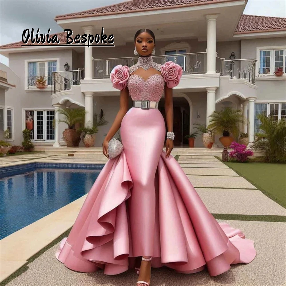 Unique Pink Mermaid Aso Ebi Evening Dresses Ruched Shoulder Ruffles Crystals African Wedding Gowns Formal Party Customized