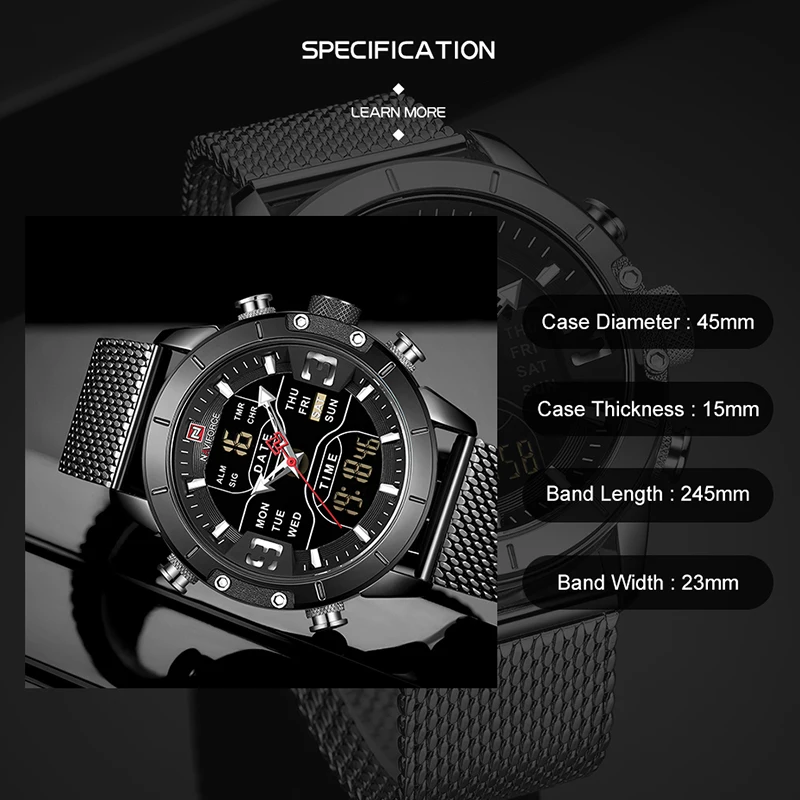 NAVIFORCE Men\'s Watches Fashion Sports Dual Display Watch Stainless steel Waterproof Military LED Digital Alarm Clock Wristwatch