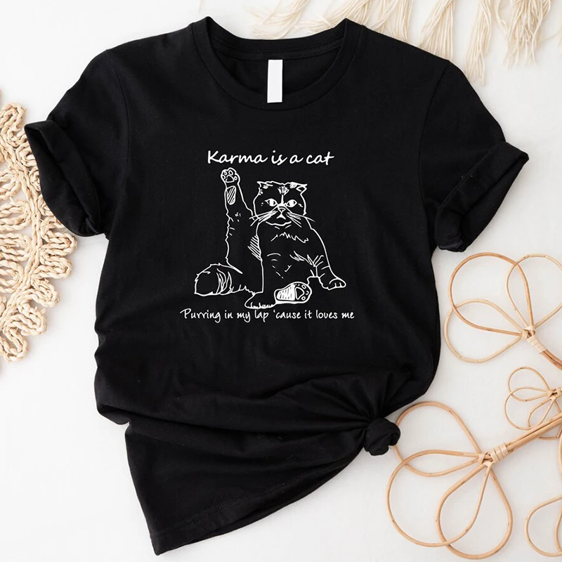 

Karma Is A Cat 2000s Grunge Clothes Cotton Fashion Women T Shirt Kawaii Cats Paw Printed Summer Kawaii T-shirts Dropshop