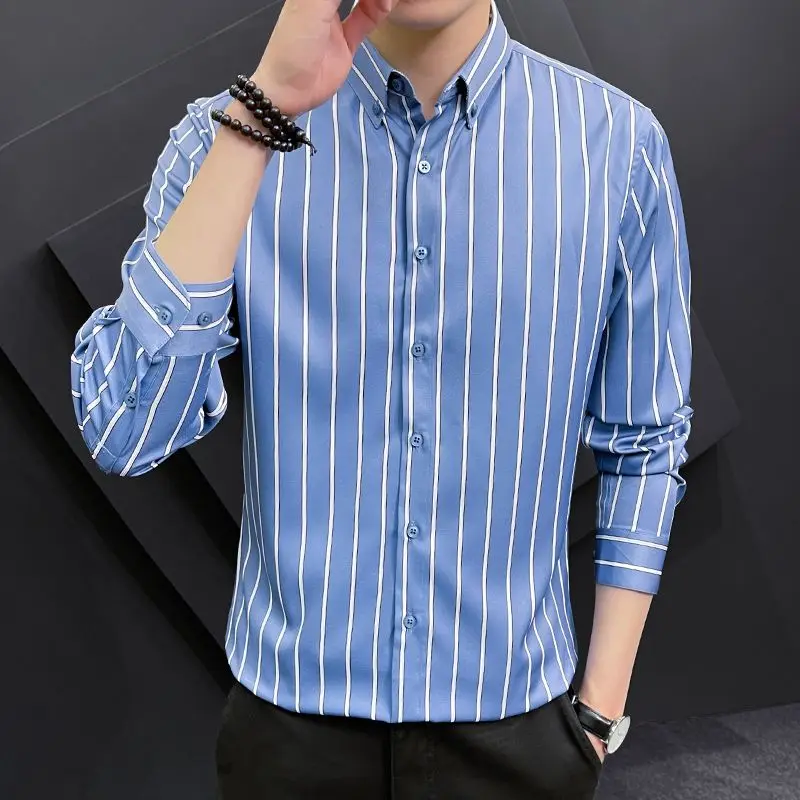 Camisa masculina de manga comprida grande, listrada com lapela, moda casual, versão coreana da moda, nova, primavera e outono, 2024