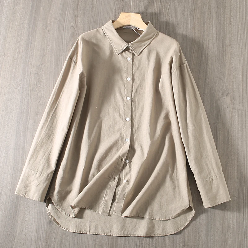 

Autumn New Arrival Pure Color Cotton Linen Loose Fit Thin Long Sve irt for Women Button up Casual Busin Office Wear
