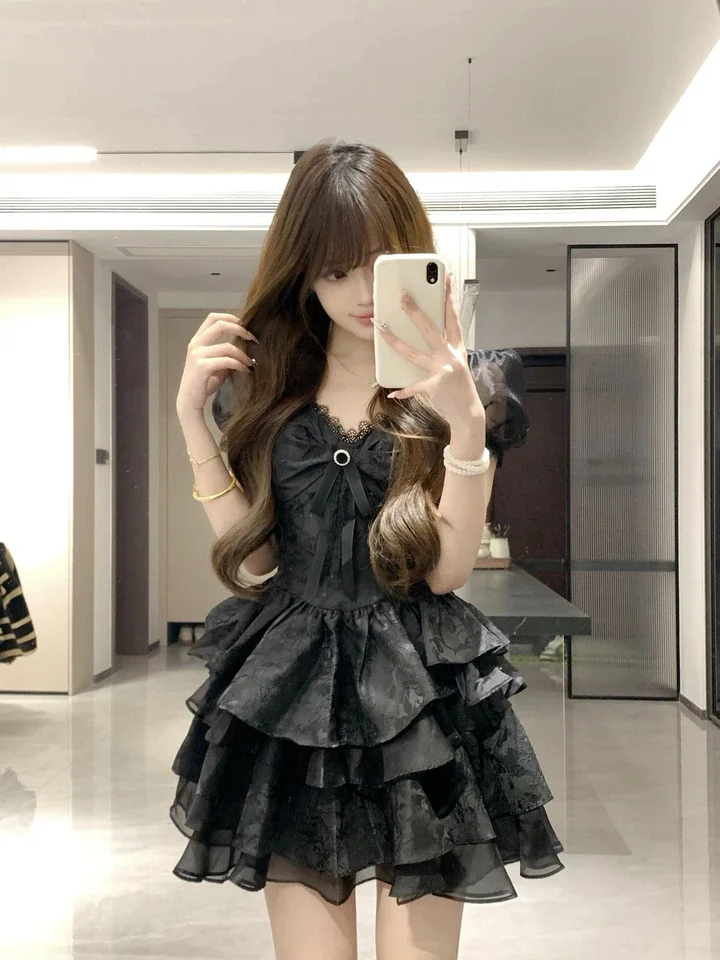 Summer New Black French Lolita V-neck Puff Sleeve Dress Fashion High Waist A-line Versatile Age Reduction Sweet Princess Dresses