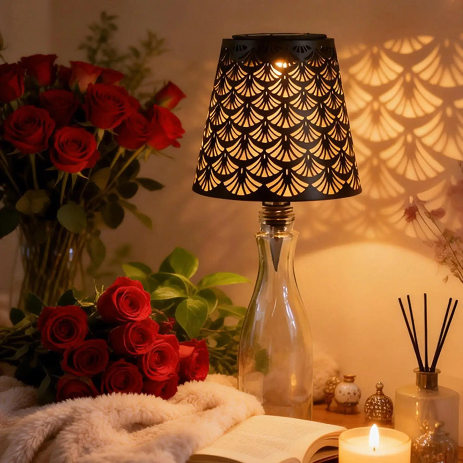 Wireless Bottle Table Lamp Solar Powered Hollow Shadow Night Lamp Automatic Switches For Bar Wine Bottles Decor Desk Lights