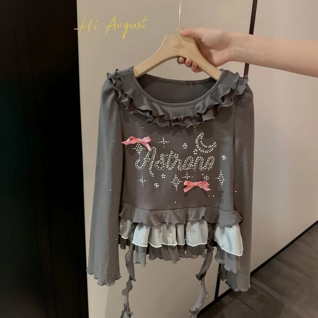 

Весенняя футболка для маленьких девочек с нашивкой и бантом, детская футболка с длинными рукавами и лентой, плиссированная блестящая детская одежда с блестками, футболка от 3 до 12 лет