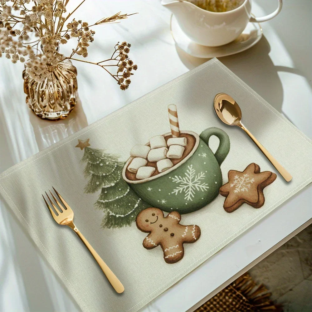 4pcs Christmas Placemats - Tree, Cup & Gingerbread Print, Washable Table Mats for Holiday Kitchen & Dining Decor