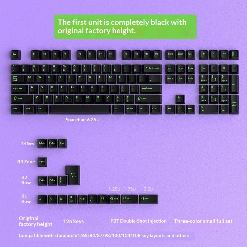 Black keycaps made of PBT material with regular engraving, complete set of 126 keys, original factory height dual color