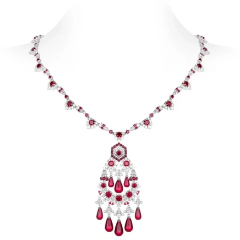 Bellux Pendant Chain 925 Silver Synthetic Zircon Red Water Drop White Round Diamond Luxury Party Banquet Wedding Necklace