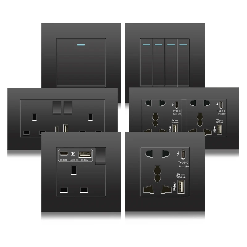 

Black UK 13A Wall Socket with USB Type C 18W Quick Charge Plug Socket,Wall power outlet with USB charger, switch with socket