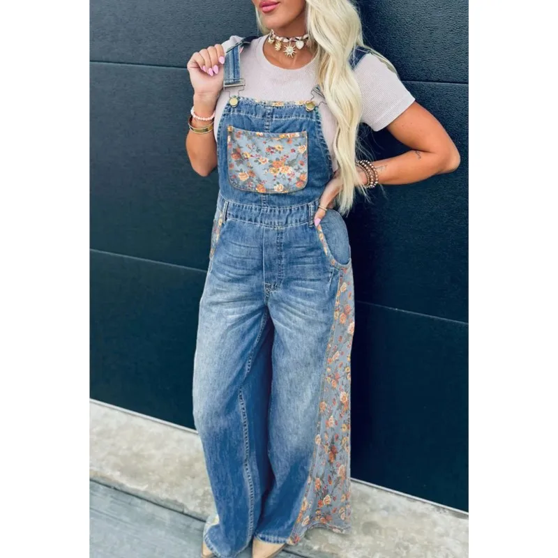 

Женский синий джинсовый комбинезон, широкий комбинезон с цветочным принтом, лоскутные карманы, повседневный наряд в стиле бохо на весну/лето, комбинезон