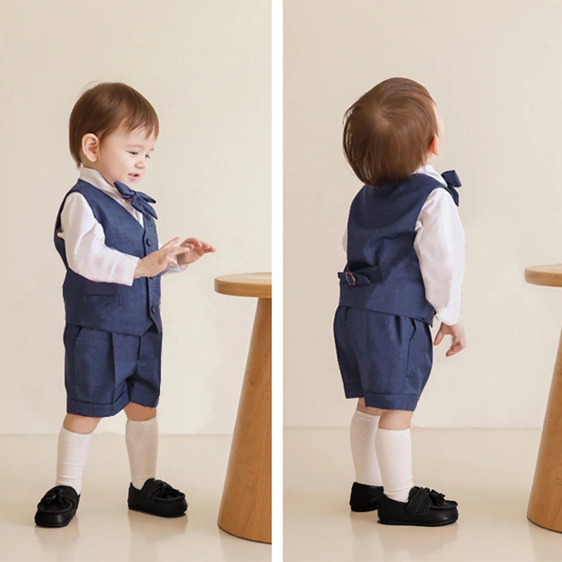 Boutique Boys Girls Clothes Set Formal Birthday Suit Kids Blue Vest Shirt Short Bowtie Wedding Dress Suit Costume