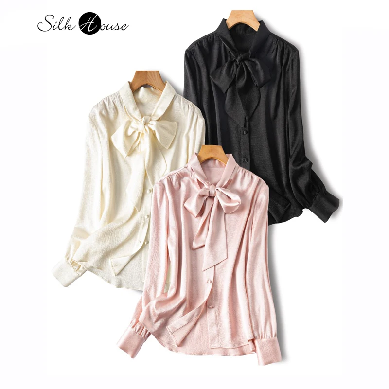 Camisa de moda de manga larga para mujer, camisa ligera de lujo francesa brillante 93% seda de morera Natural, satén con perlas elásticas, lazo liso, cinta