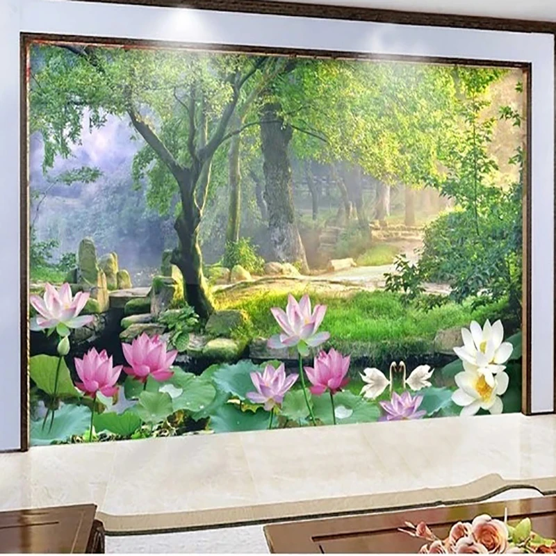 

Custom 3D Wall Mural Wallpaper Oil Painting Lotus Landscape Waterfall 3D Photo Wall Paper Home Decor For Study Room Papel Tapiz