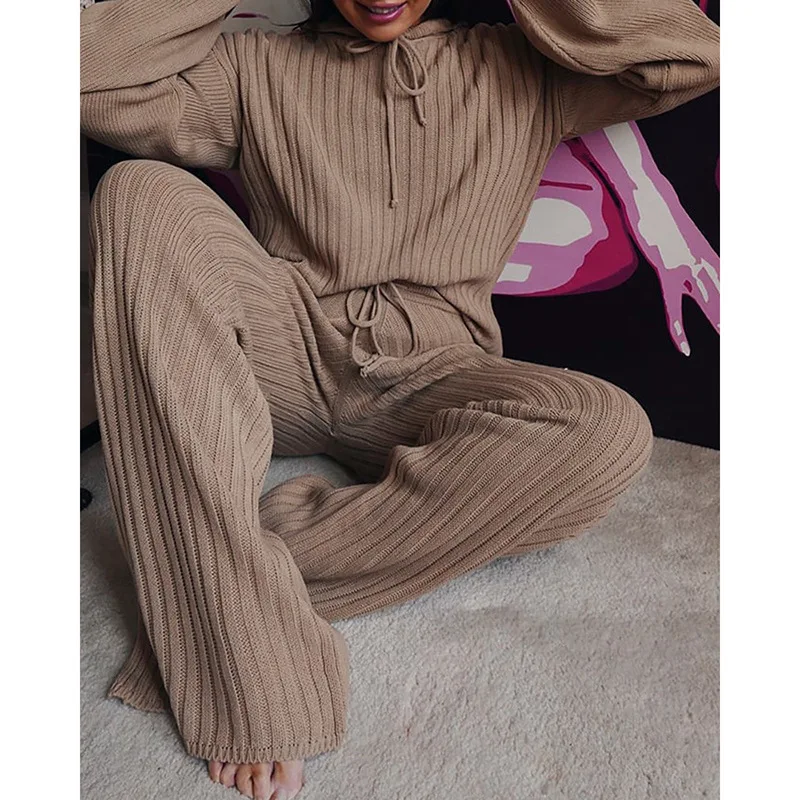 Winter Vintage Solid Hoodie Set Wide Leg Drawstring Lazy Pullovers Female Pant Women's Warm Knited Sweater Soft Baggy Outfits