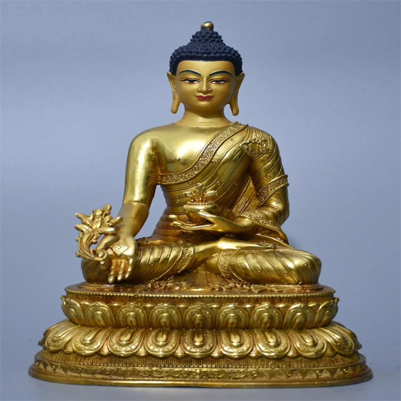 Refined Copper Cast Gilt Brass High Relief Painted Medicine Buddha Sakyamuni Home Worship Ornaments Collection