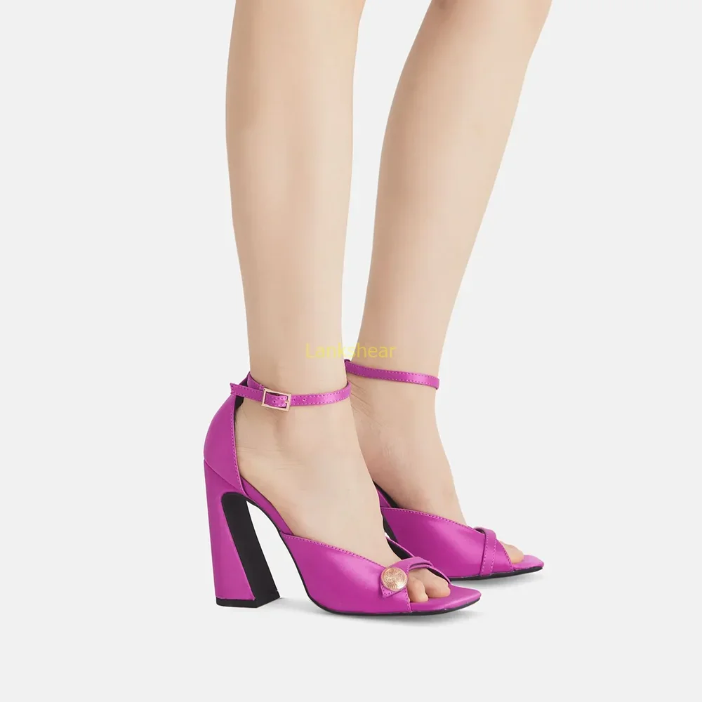 

Metal Decoration Square Toe Satin Sandals Sexy Open Toe Thick Heel Slingback Buckle Strap New Arrivals Fashion Women Shoes