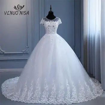 VLNUO NISA Pluse Size Wedding Dress with Sleeve 2024 New O Neck Brides Dress Floor or Train Princess Ball Gown Vestido De Novia