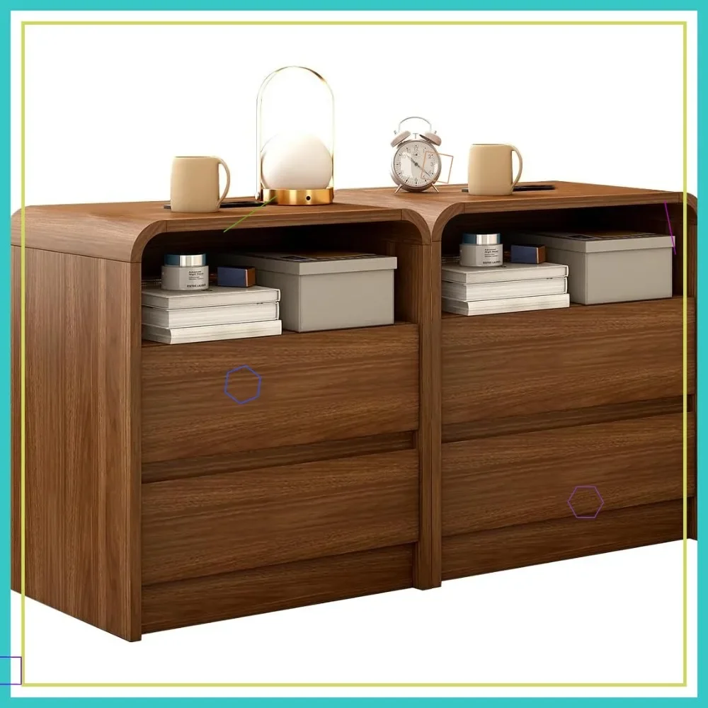 Modern Nightstand with Charging Station, 23.6-Inch Wide, Anti-Collision Design, Storage Cabinet for Bedroom Office
