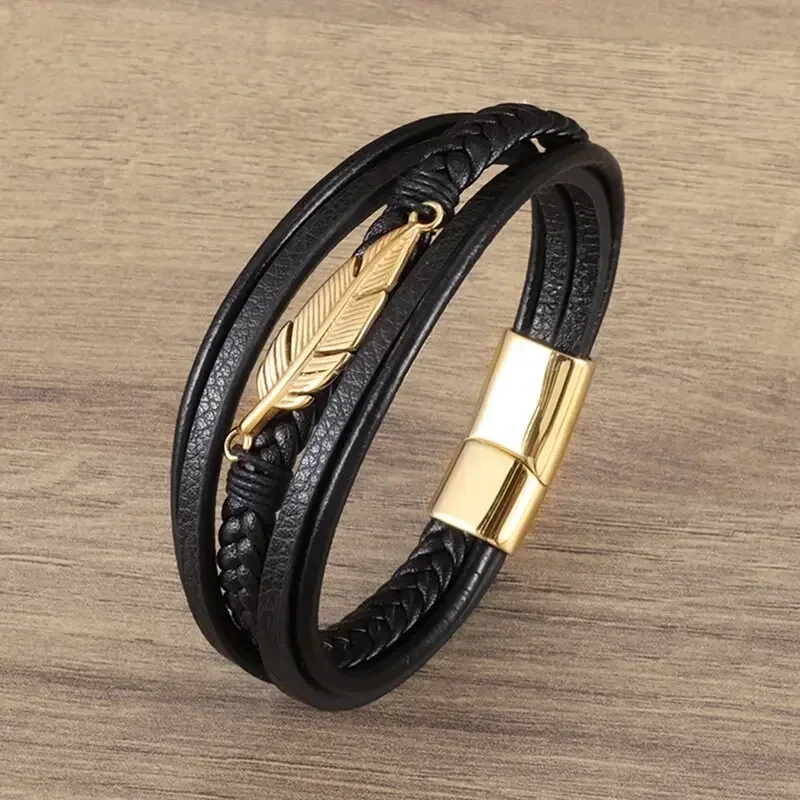 

Classic multi-layered leather feather metal buckle bracelet men\'s business casual party jewelry gifts wholesale