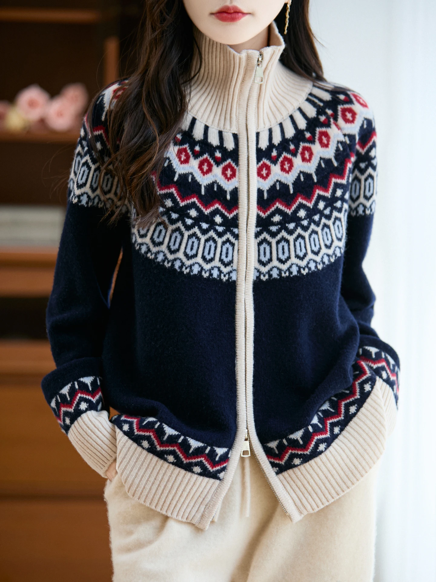 

TLOML Women's 100% Merino Wool Sweater Turtleneck Fair Isle Double Zipper Cardigan Autumn Winter Cashmere Sweater Thicken Coat