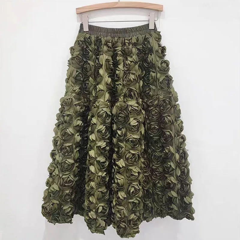 DEAT 2024 Autumn New Versatile Three Dimensional Flower Mid-calf Skirt High Waist Big Swing Fashion A-line Skirts Female 33A2033