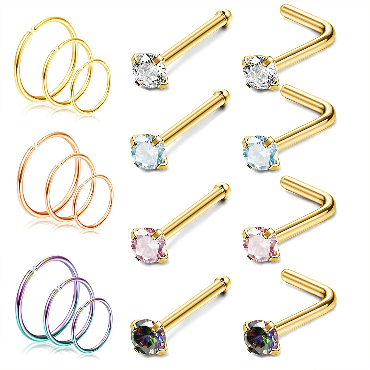 17PCS Gold Nose Ring Stud Set, Hypoallergenic CZ Nose Studs Stainless Steel Nose Piercing Jewelry Set for Women and Men