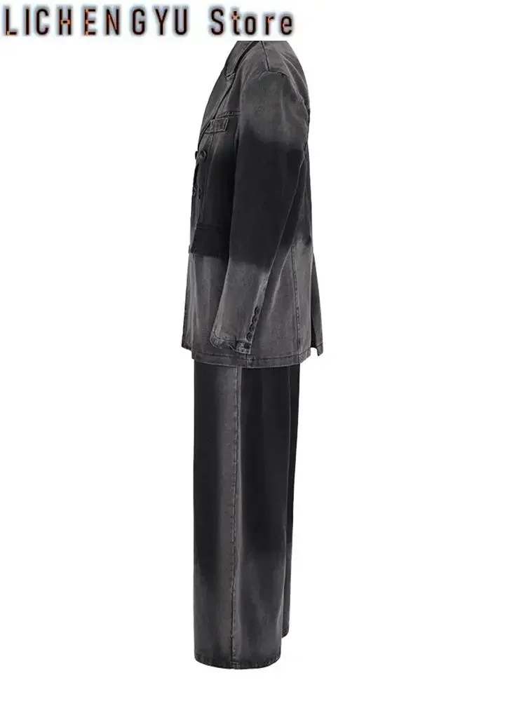 Gray Big Size Denim Jacket Wide Leg Pants Two Piece Suit New Lapel Long Sleeve Women Fashion Spring Autumn