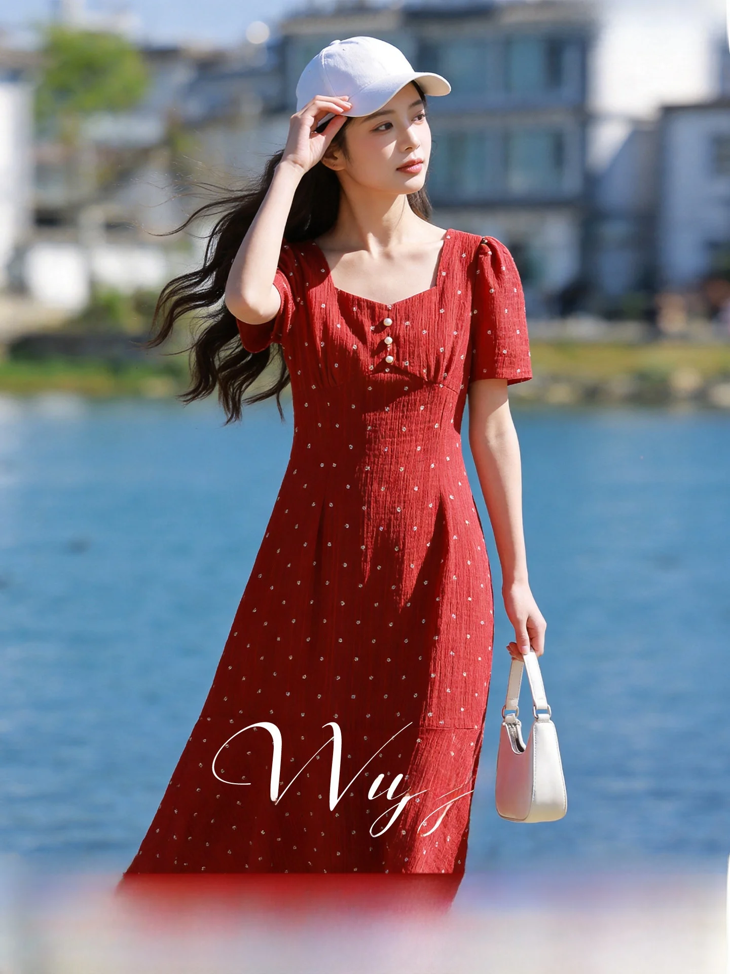 

Slimming Retro Polka Dot Waist-Cinching Summer New Style Square Collar Dress by Wu Ji Jia A-Line Long Dress Bubble Sleeve