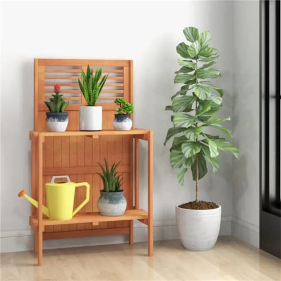Mixed Wood Foldable Potting Bench Table for Outdoor Garden Portable Plant Stand with Shelf, Workstation for Repotting, Yard Wor