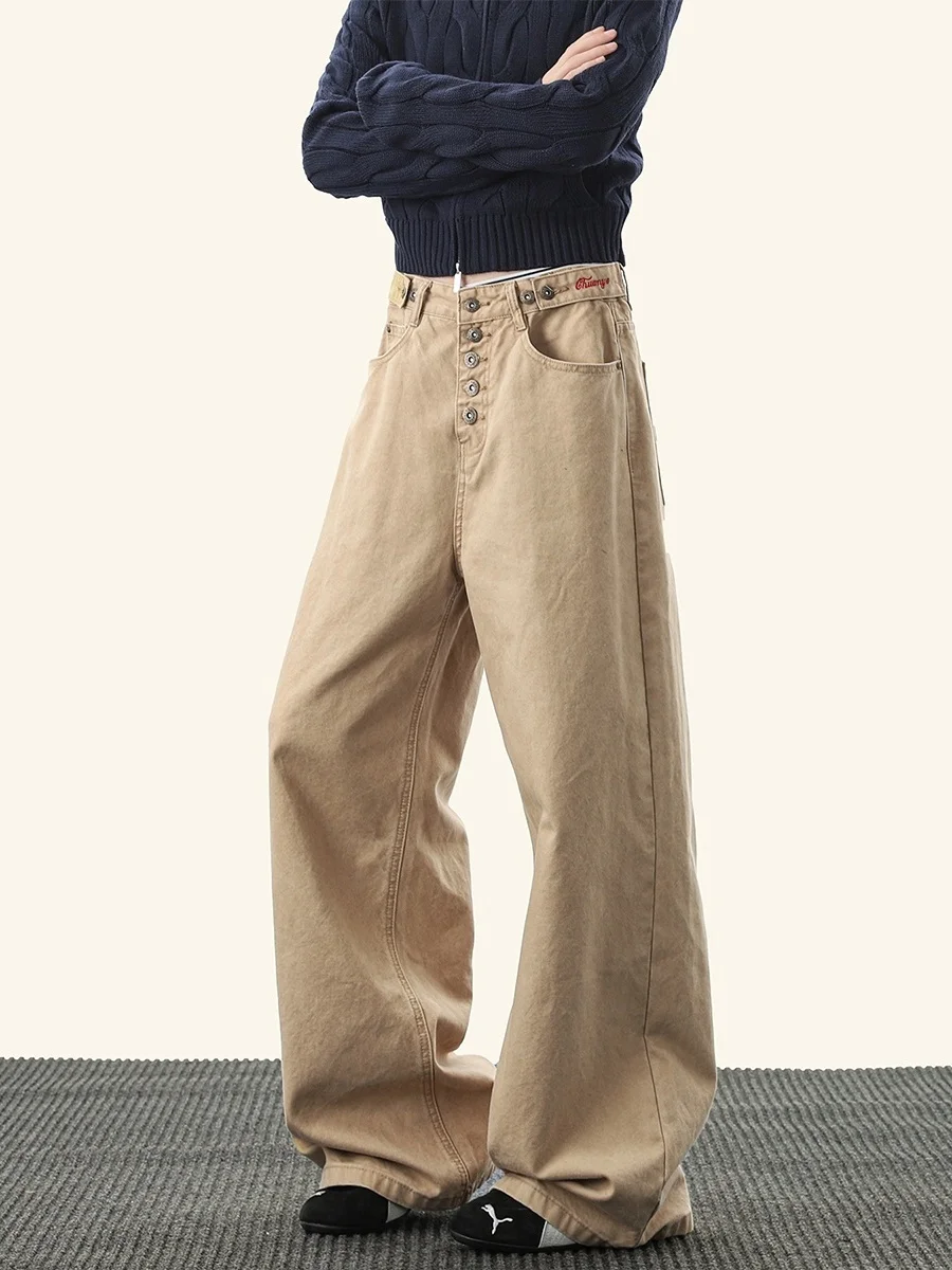 

Мужские брюки-карго цвета хаки с пуговицами, широкие джинсы в американском стиле, свободные прямые джинсовые брюки, повседневная мода