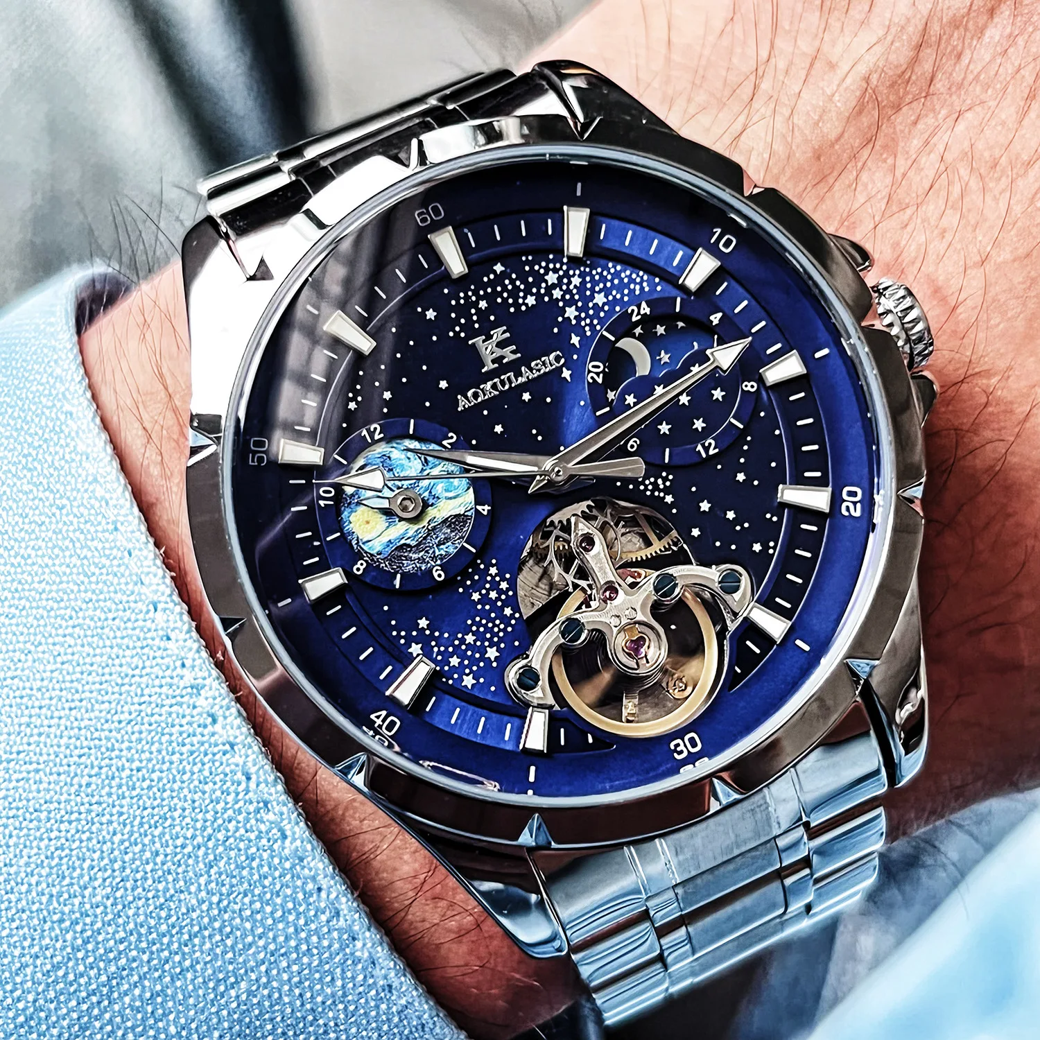 Stainless alloy Full Dial Luminous Skeleton Waterproof Self-Wind Automatic Mechanical Exquisite watch for Men