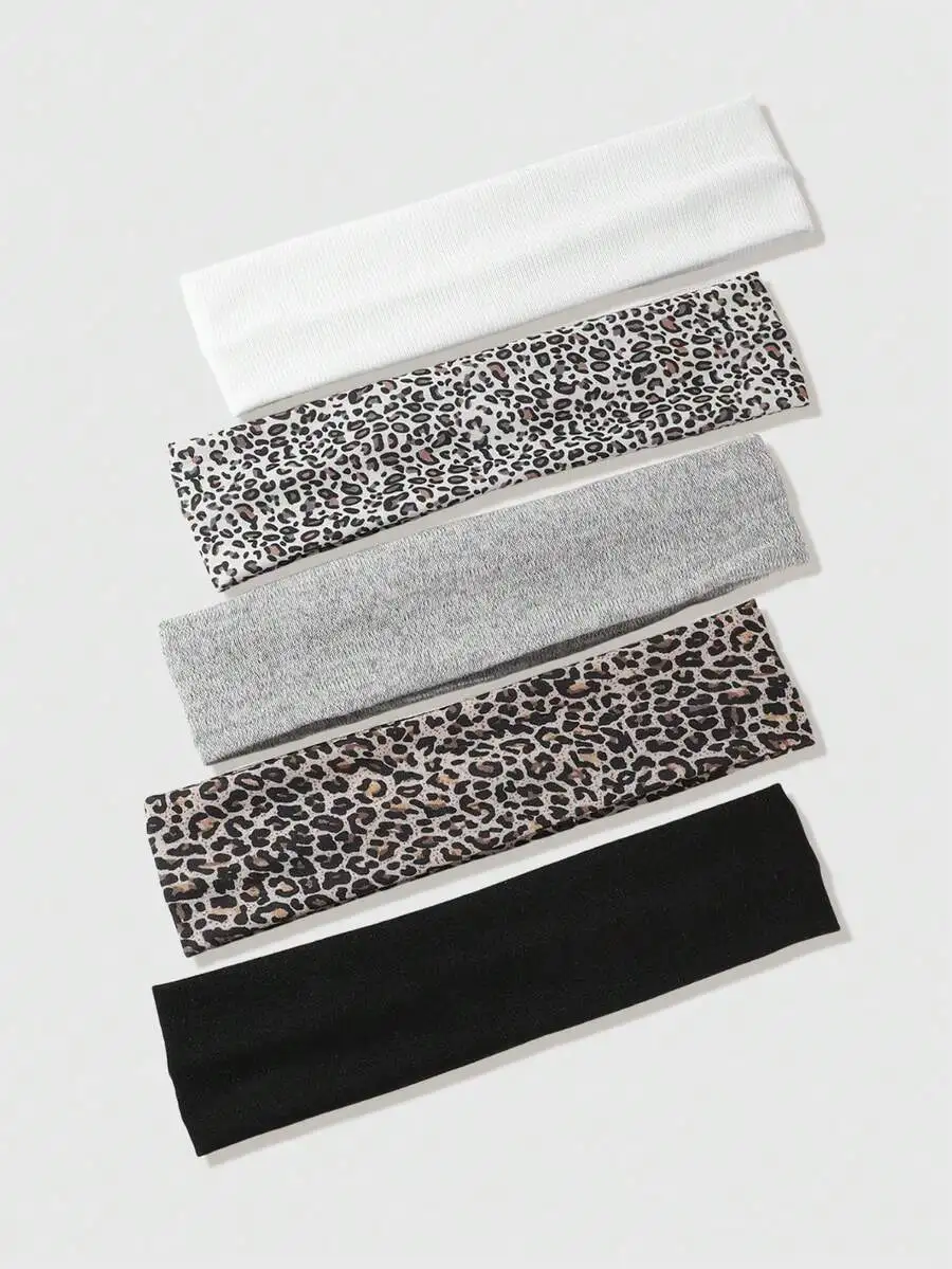 5 Pcs Womens Wide Headbands, Solid Color and Leopard Print Sweat Absorbing Hair Accessories for Sports and Daily Wear