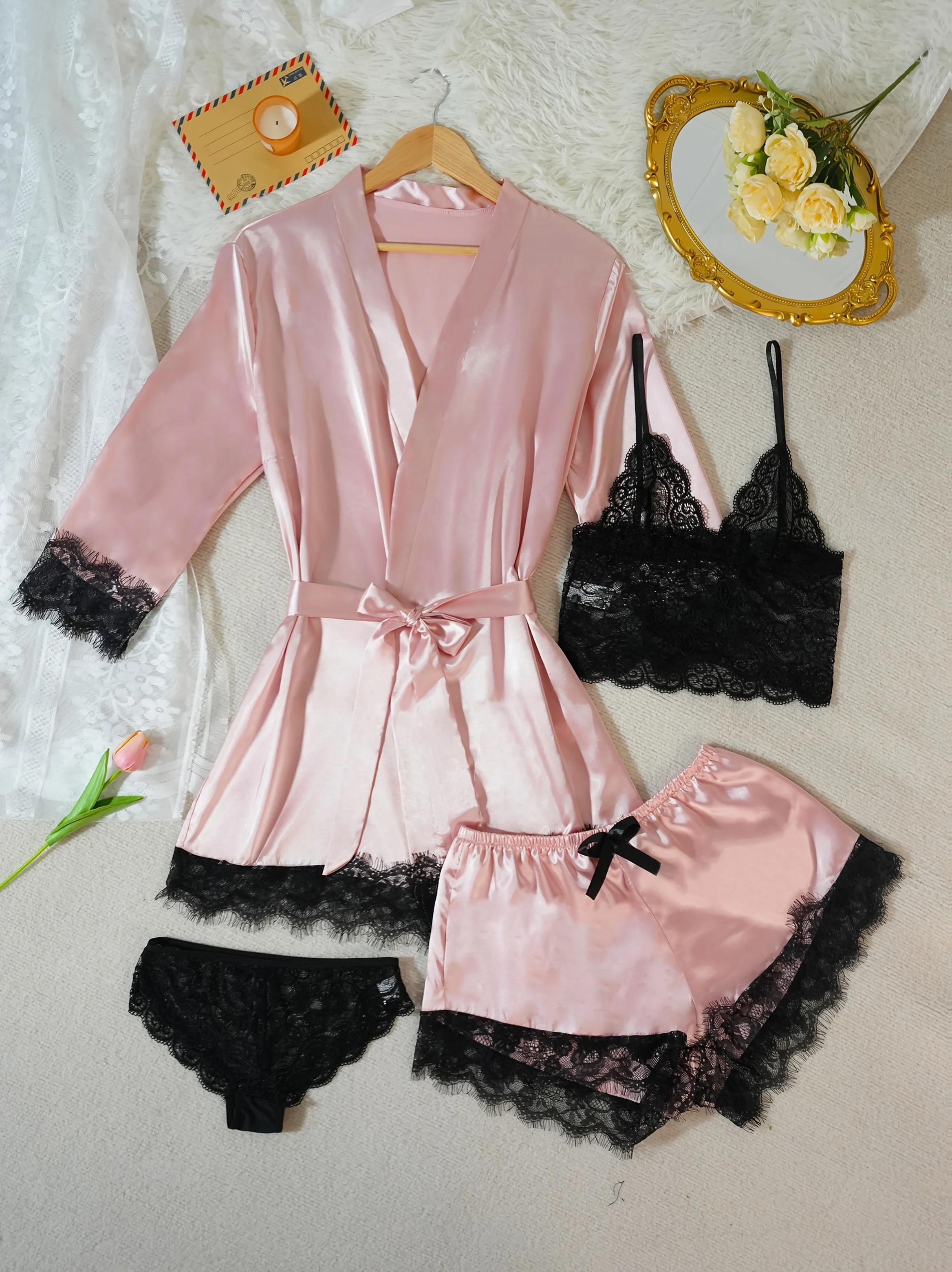 Hot Selling Women 4Pcs Satin Pajama Set Elegant Lace Lingerie Sleepwear with Robe Comfortable Silk Nightwear Sexy Nightgown Pyja