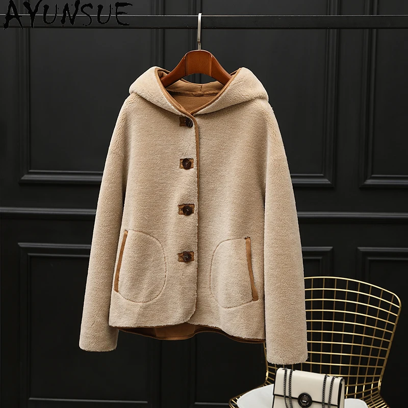 

AYUNSUE 100% Wool Coat Women Hoodie Sheep Shearling Jacket Autumn Winter Clothes Woman New in Coats Пальто Женское Composite Fur