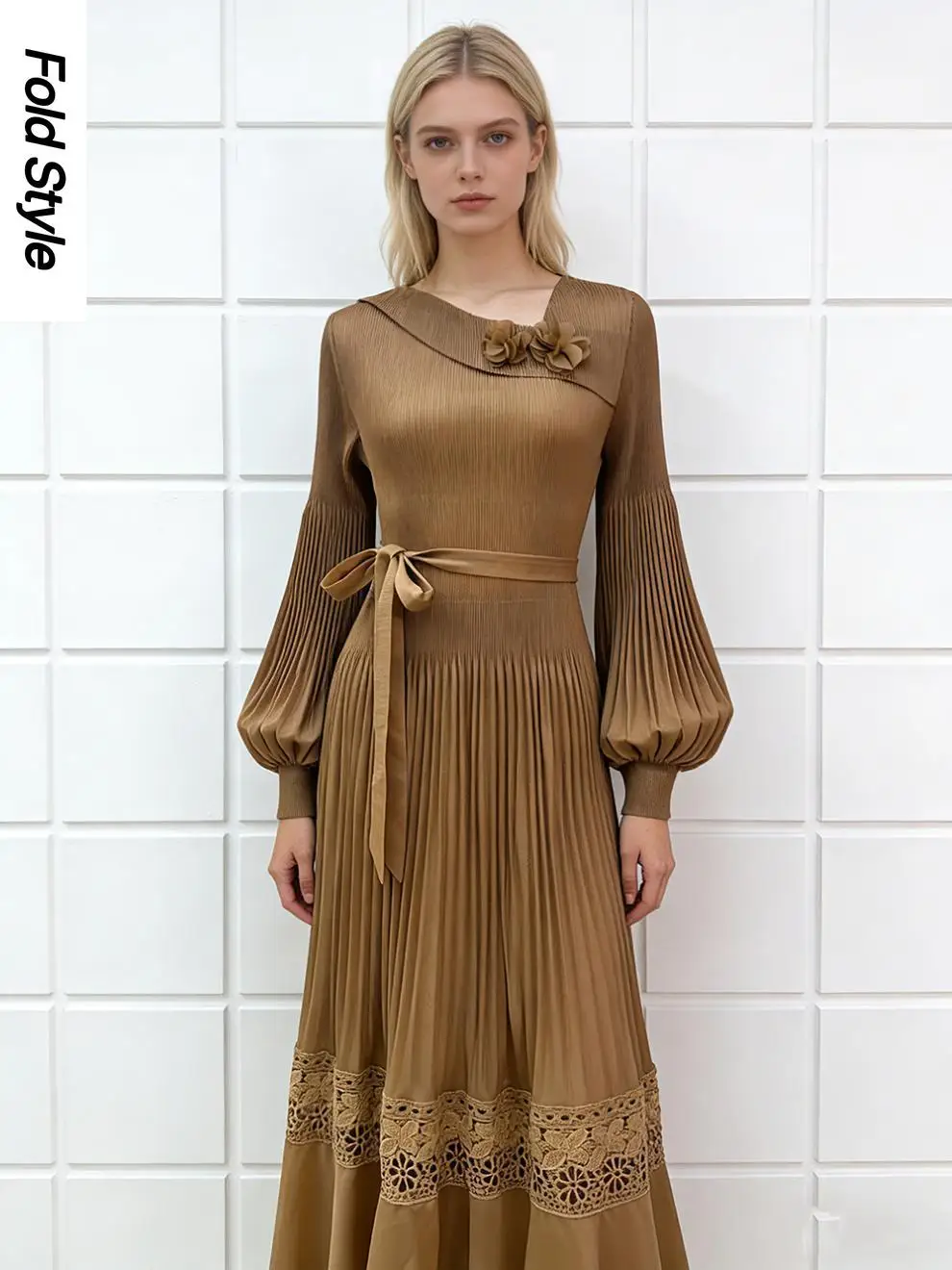 Abito con giunture sulle maniche a lanterna con cinturino a vita alta Miyake 2025 Nuovo abito a pieghe decorativo con fiori tridimensionali in pizzo