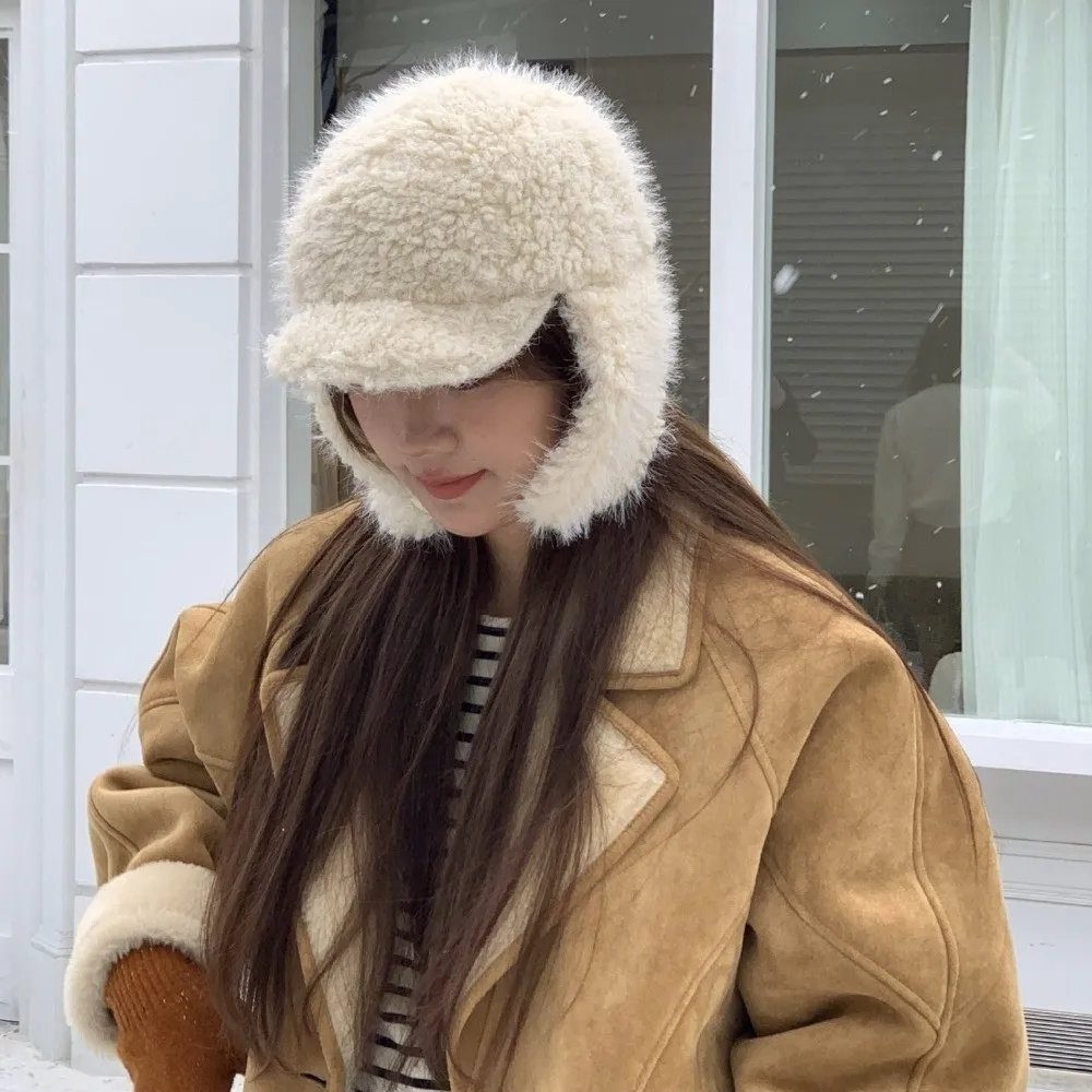Fashion Bomber Hat Warm Lining Windproof Pilot Cap Thickened Ear Protector Hat for Women