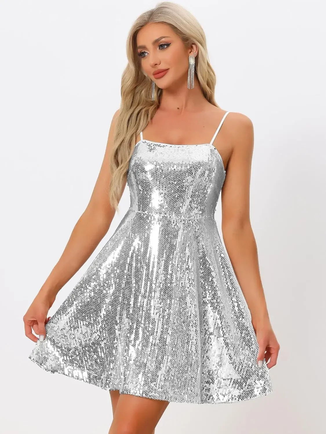 Women Sequin Mini Dresses Party Club Adjustable Spaghetti Strap Festival Outfits Sparkly Disco Dress Homecoming Dress Cocktail