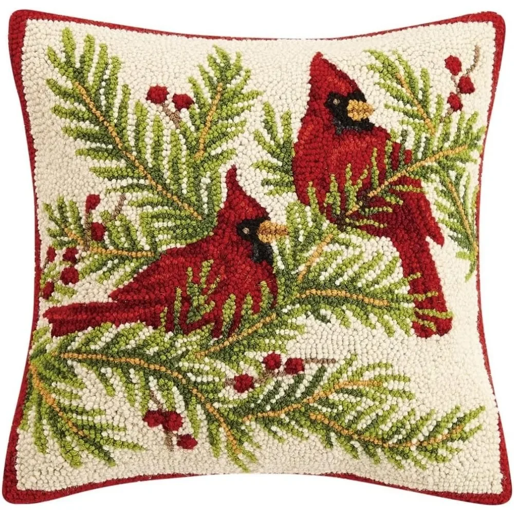 Cardinal Hook Pillow - 16-Inch Square, Poly Filled, Wool and Cotton