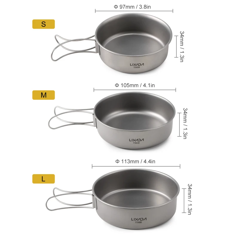 Lixada Titanium Bowls Ultralight Titanium Dinner Bowl Pan Foldable Handles Camping Tableware Outdoor Camping Traveling Supplies
