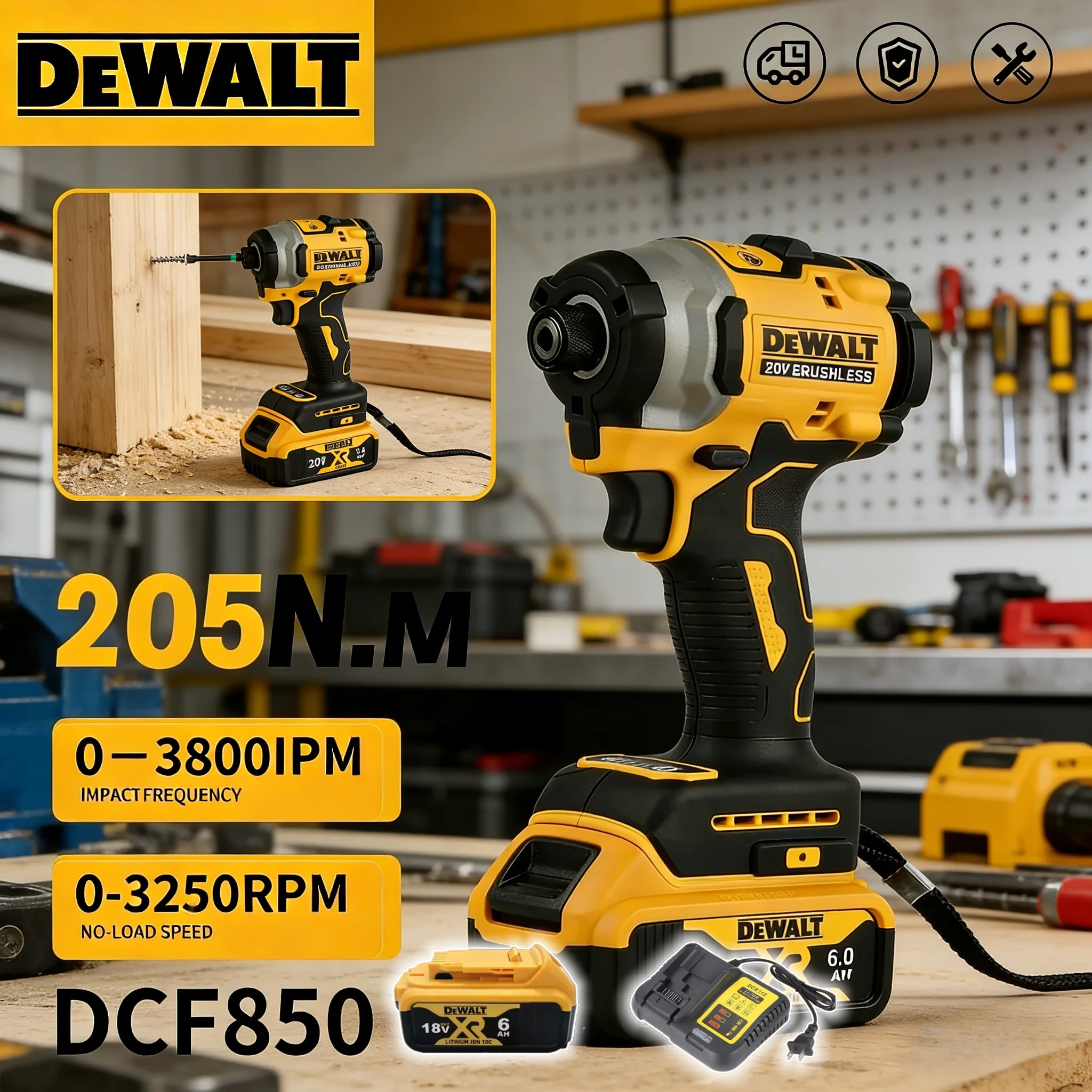 

Бесщеточный ударный гайковерт DEWALT DCF850, 3250 об/мин, 205 Нм, высокомощный аккумуляторный электроинструмент для батарей DEWALT 18В