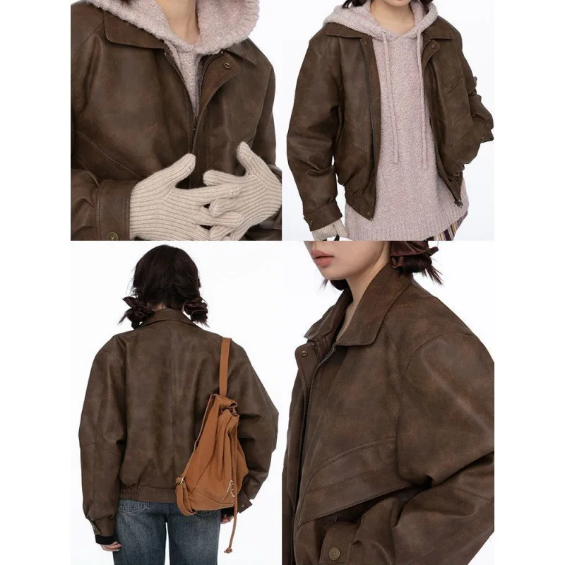 2024 Autumn New Artistic Retro Collar Leather Jacket Women\'s Loose Casual Brown Motorcycle Coat